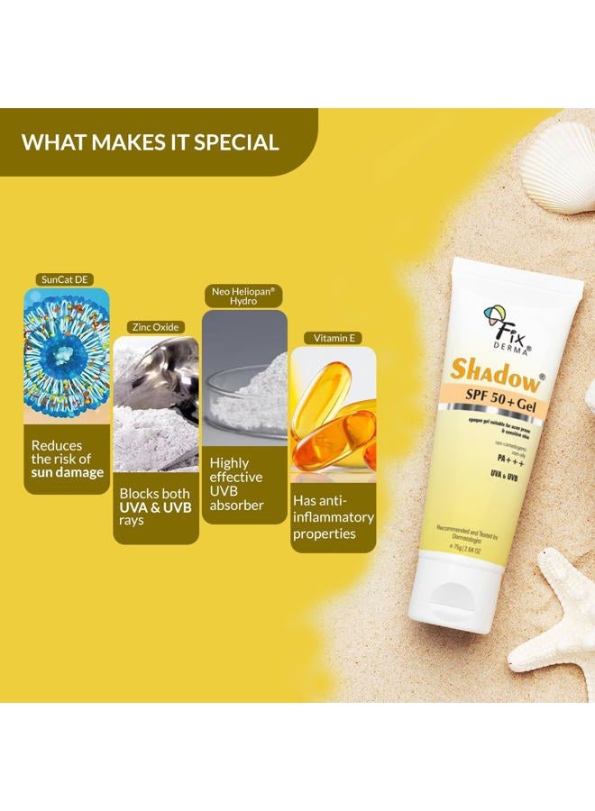 FIXDERMA جيل واقي الشمس Fixderma Shadow SPF 50+ للوجه | ثاني أكسيد التيتانيوم والزنك | حماية واسعة النطاق من أشعة UVA وUVB | مقاوم للماء، واقي شمس خفيف الوزن - 2.64 أونصة - Image 5