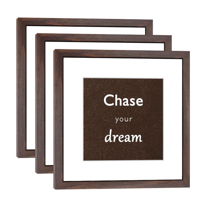 12X12 WALNUT PICTURE FRAME SET OF 3 FOR PICTURES 8X8 WITH MAT OR 12X12 WITHOUT MATWALL OR TABLETOP GALLERY PHOTO FRAMES WITH REAL GLASS