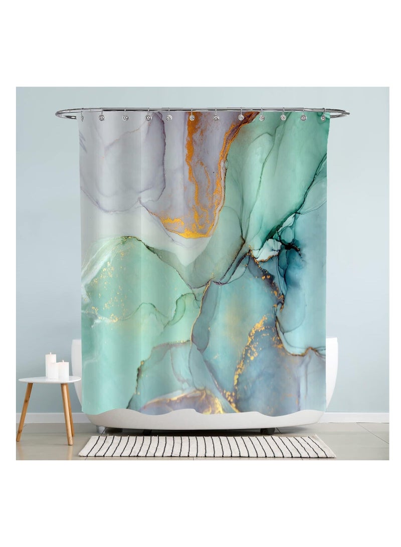 Turquoise Marble Shower Curtain - Abstract Blue Green Jade Texture with Purple and Gold Stripes - 72x72 Inch Waterproof Fabric Bathroom Curtain with Hooks