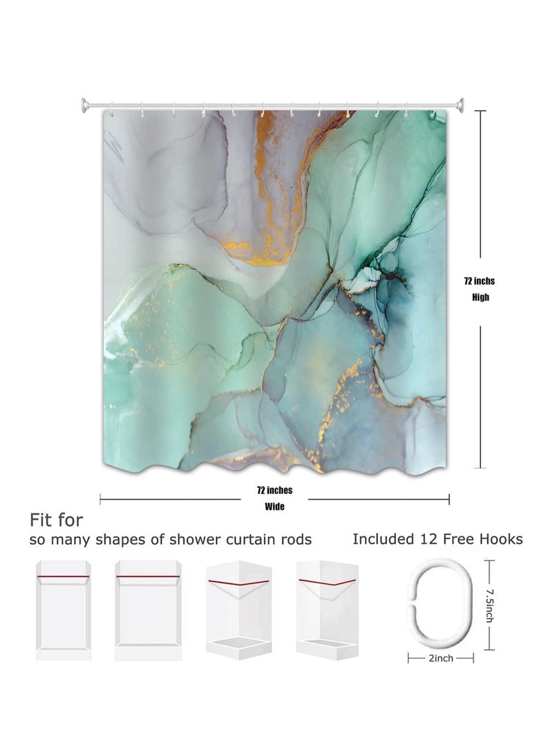 Turquoise Marble Shower Curtain - Abstract Blue Green Jade Texture with Purple and Gold Stripes - 72x72 Inch Waterproof Fabric Bathroom Curtain with Hooks