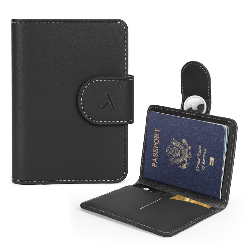 ALLIVE Passport Holder for Travel, Genuine Leather Passport Holder with AirTag Hidden Pocket, Rfid Blocking Passport Cover Travel Wallet for Women Men, Airport Essentials Gift (Black) - Image 1