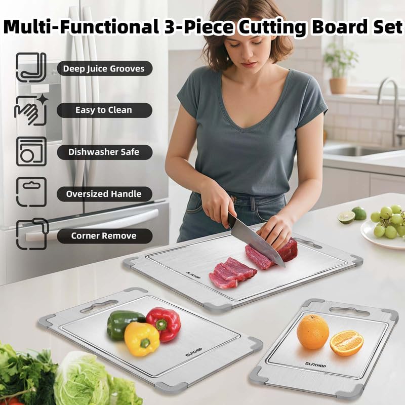 Blfichop 3PCS 100% Pure Titanium Cutting Boards for Kitchen, Food-Grade Metal Cutting Board for Meat, Fruit, and Veggies,Chopping Board with Anti-Slip Corner Protectors Removable, Dishwasher Safe Grey - Image 2