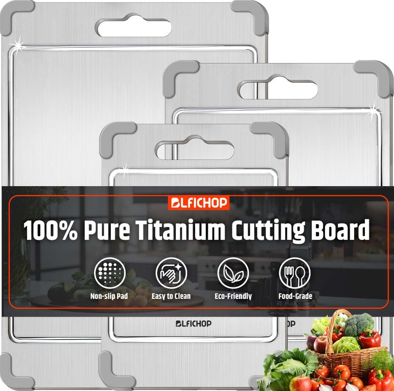 Blfichop 3PCS 100% Pure Titanium Cutting Boards for Kitchen, Food-Grade Metal Cutting Board for Meat, Fruit, and Veggies,Chopping Board with Anti-Slip Corner Protectors Removable, Dishwasher Safe Grey - Image 1