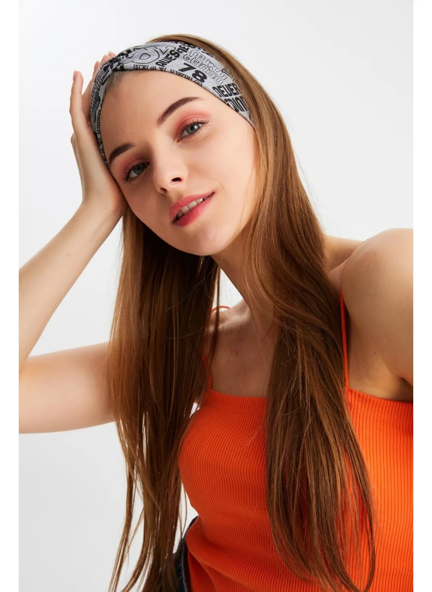 Butikgiz Gray Pattern Women's Cross Tied Cotton Combed Comb, Non-Slip, Soft, Flexible, Hair Band Bandana