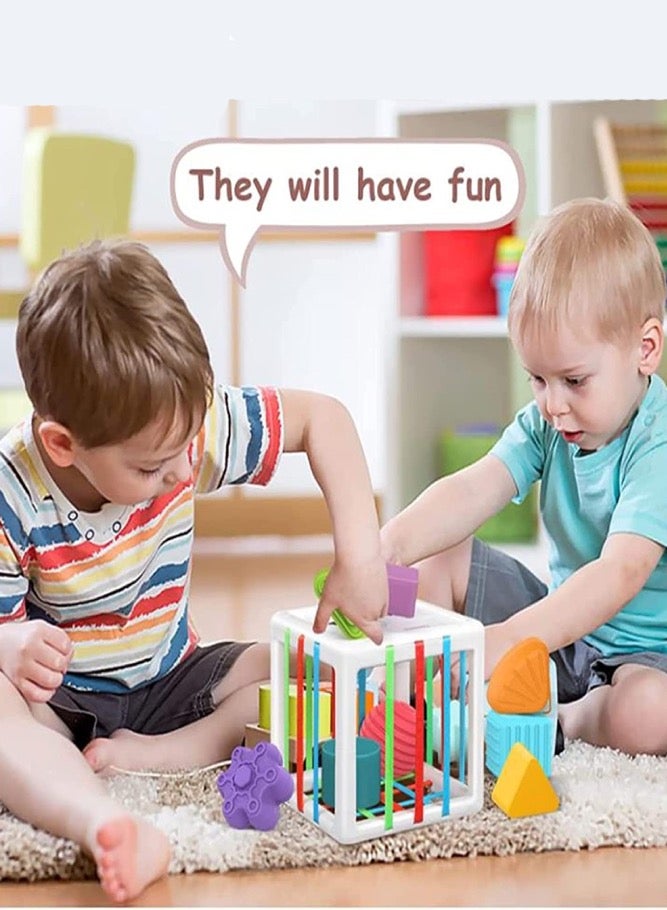 Baby Sensory Bin Toddler Shape Sorter Toys Set Colorful Cube With 10 Sensory Shape Blocks - Image 2