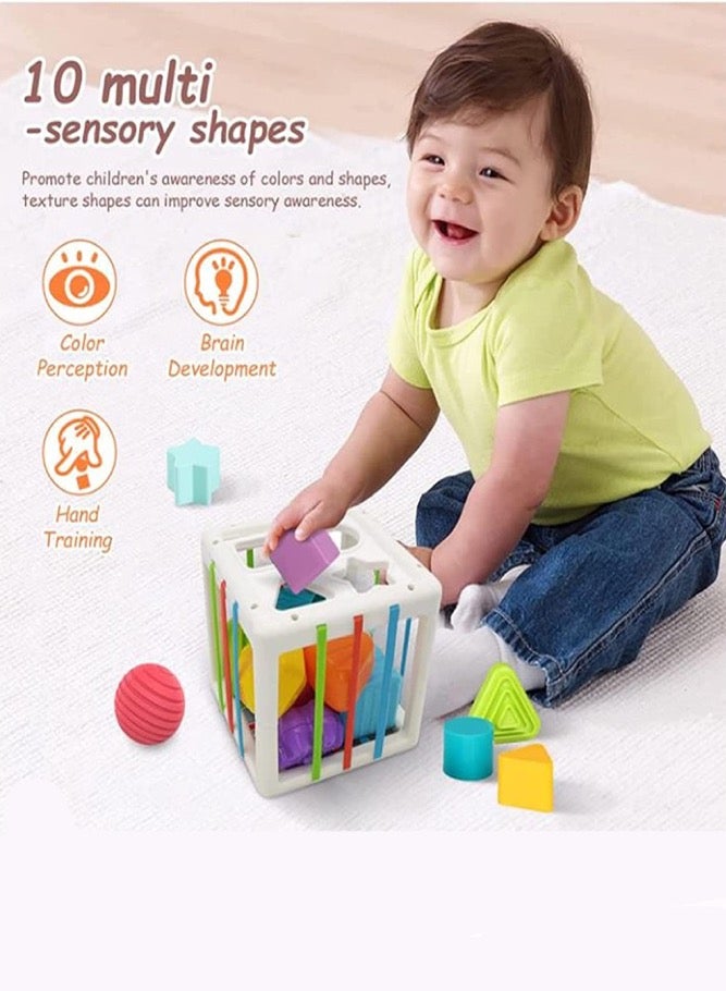 Baby Sensory Bin Toddler Shape Sorter Toys Set Colorful Cube With 10 Sensory Shape Blocks - Image 5
