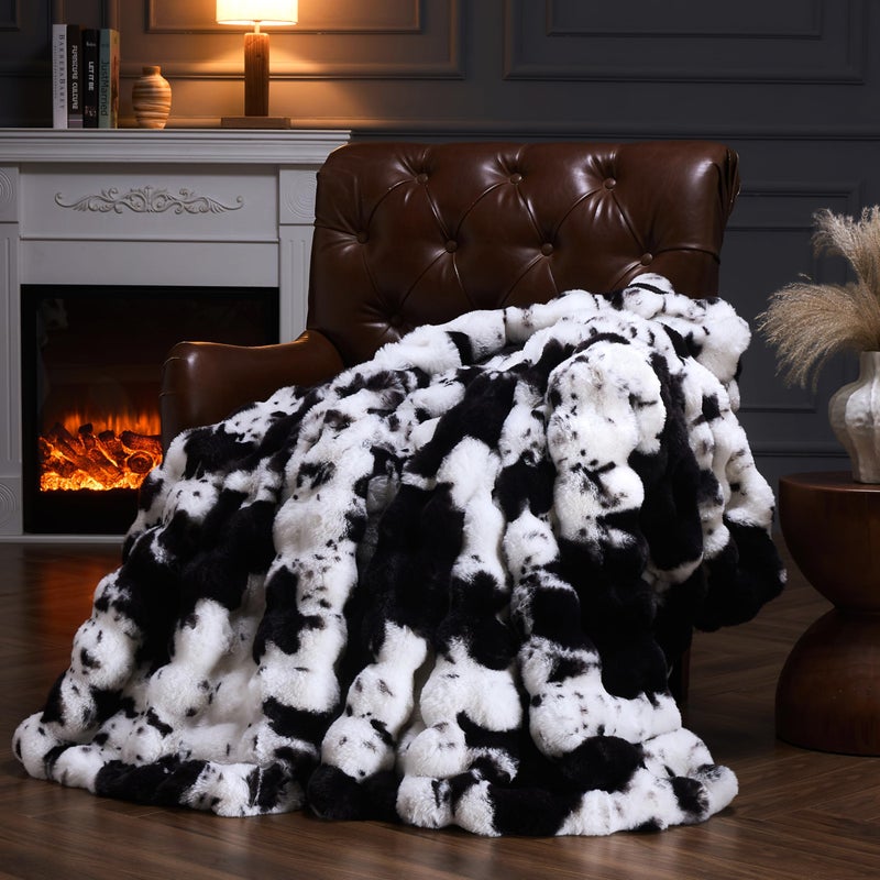 PLUUSHUU Faux Fur Throw Blanket for Couch, Fluffy Fuzzy Plush Bubble Blanket, Soft Warm Cozy Shaggy Rabbit Blanket, Luxury Decorative Gifts for Sofa Bedroom Living Room, 60x50inch (Cow Print-Black) - Image 1