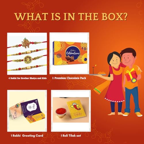 CraftVatika Set of 4 Rakhi Rakhi for brother Bhaiya with chocolate Gifts Combo Set, Cadbury Rakshabandhan Bhai Bhabhi Hamper Greeting Card, Set of 4 Rakhi,Rakhi For Brother With Chocolate Combo,Rakhi Gift Hamper - Image 3