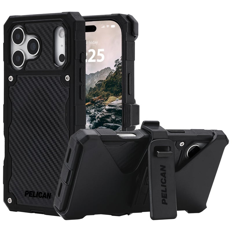 Pelican Shield iPhone 17 Pro Max Case [Compatible with MagSafe] Rugged Phone Case w/ 21ft Military-Grade Drop Protection - Heavy Duty Phone Cover w/Belt Clip Holster for iPhone 17 Pro Max - Carbon - Image 1