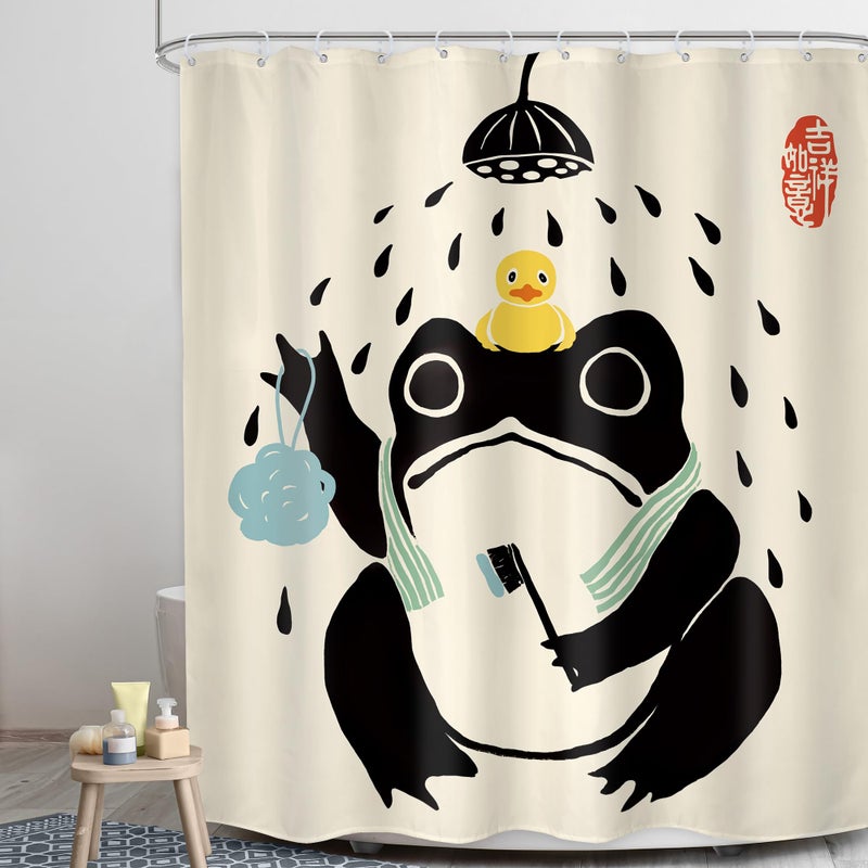 LGhtyro Funny Frog Shower Curtain Bathroom Set 60Wx71H Inches Cute Animal Bath Asian Style Traditional Japanese Art Rubber Duck Bath Accessories Retro Black Beige Art Home Decor Fabric 12 Pack Hooks - Image 2