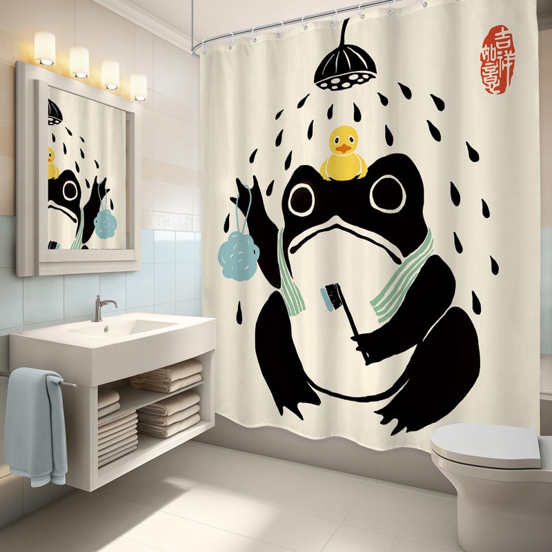 LGhtyro Funny Frog Shower Curtain Bathroom Set 60Wx71H Inches Cute Animal Bath Asian Style Traditional Japanese Art Rubber Duck Bath Accessories Retro Black Beige Art Home Decor Fabric 12 Pack Hooks - Image 3