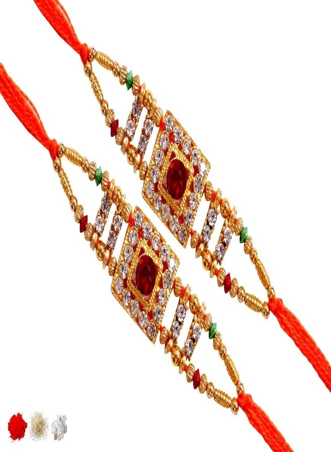 SUNINOW RAKSHBANDHAN SPECIAL RAKHI COMBO PACK OF 2 SET RAKHI FOR BROTHER WITH ROLI FOR TILAK CEREMONY DESIGNER STONE STUDDED RAKHI COMBO | RAKHI FOR BROTHER | RAKHI GIFT | RAKHI FOR BHABHI | RAKHI FOR BROTHER RAKSHA BANDHAN BRACELET | RAKHI SET - Image 1