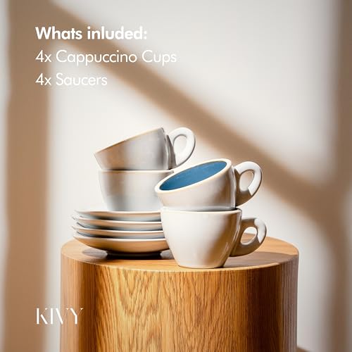 KIVY Cappuccino cups set of 4 [8oz] - Thick-walled stoneware cappuccino cup set for latte art - Latte mugs - Latte cups - Coffee mug - Latte art cup - Ceramic latte cup and saucer set of 4 - Blue - Image 5