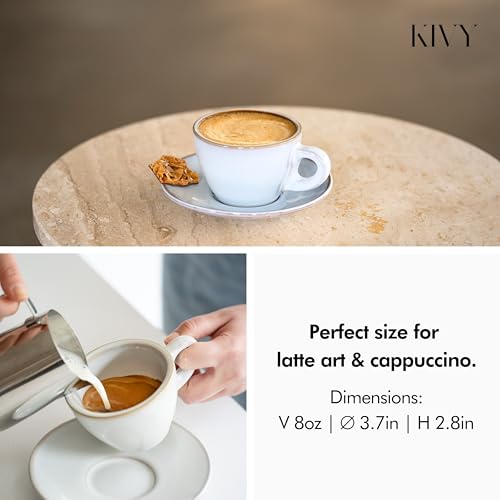 KIVY Cappuccino cups set of 4 [8oz] - Thick-walled stoneware cappuccino cup set for latte art - Latte mugs - Latte cups - Coffee mug - Latte art cup - Ceramic latte cup and saucer set of 4 - Blue - Image 4