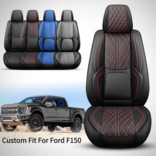 DuDuWang Car Seat Cover Custom Fit for Ford F150 2009-2025 Faux Leather Seat Cover Set Compatible with Crew Quad Regular Cab Pickup Truck Cushions (Black Redline, Front Seat) - Image 2