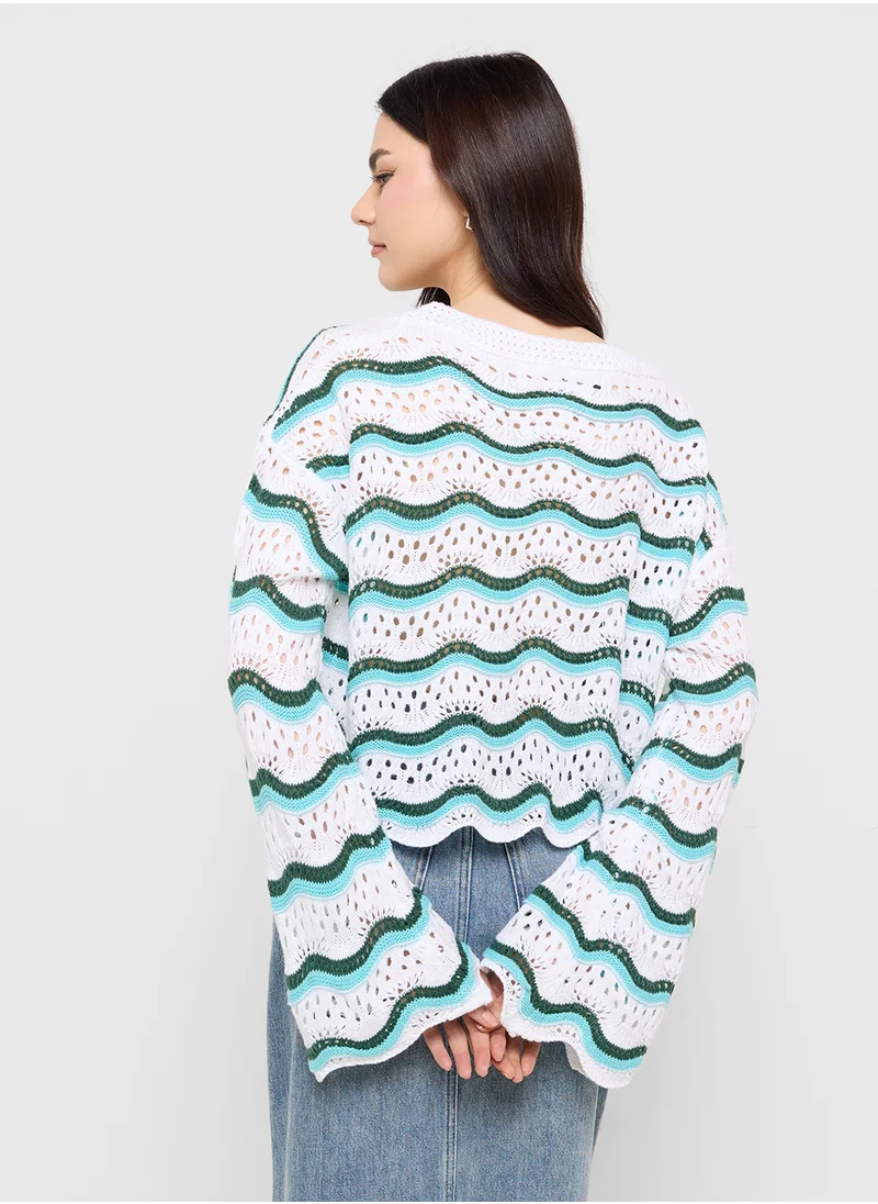 جينجر Scallop Detail Loose Knit Sweater