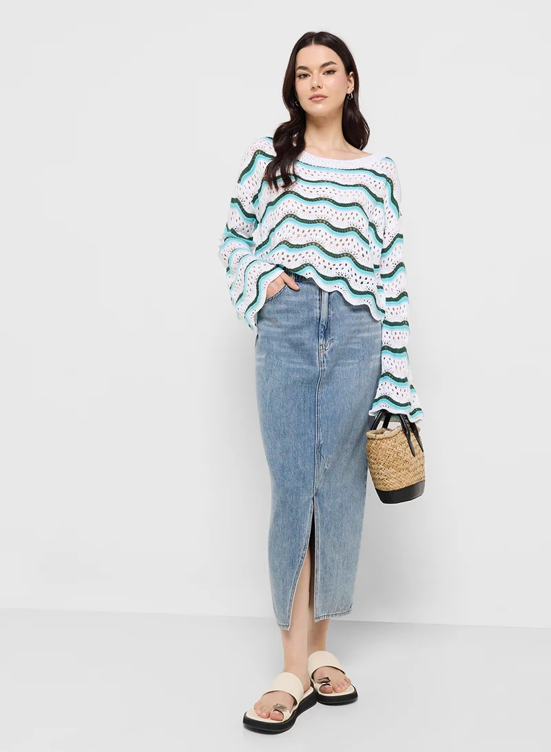 جينجر Scallop Detail Loose Knit Sweater