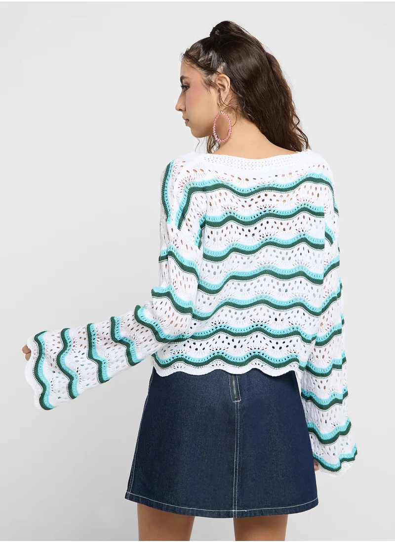 جينجر Scallop Detail Loose Knit Sweater