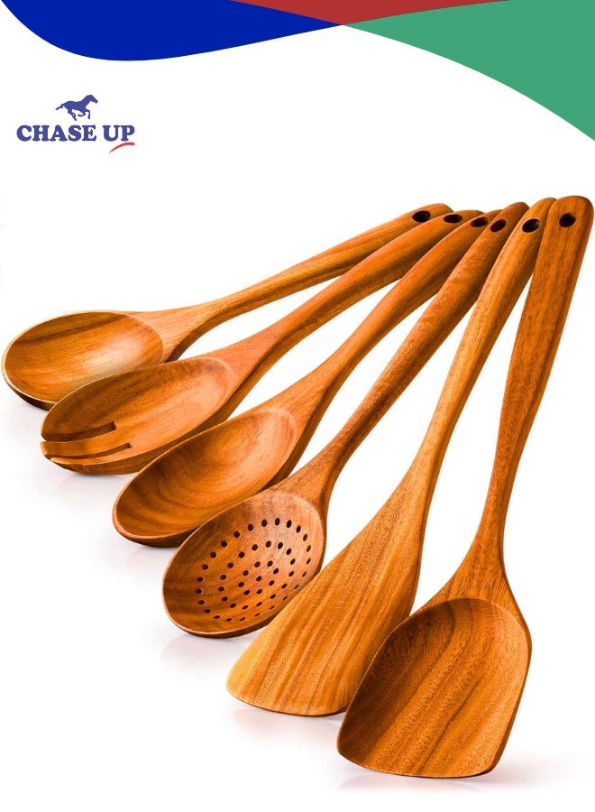 Chase Up Kitchen 6 Piece Wooden Spoons for Cooking - Smooth Finish Teak Wooden Utensils for Cooking - Soft Comfortable Grip Wood Spoons for Cooking -Non-Stick Wooden Cooking Utensils -Wooden Spoon Sets - Image 1