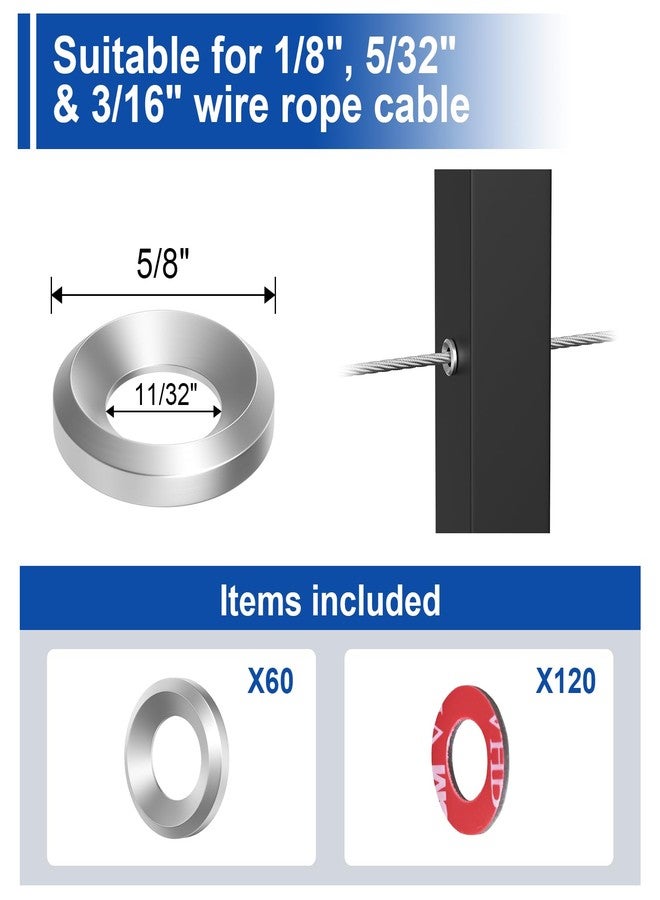 BLIKA 60Pack Cable Railing Adhesive Sleeves for 1/8" 5/32" 3/16" Wire Rope Cable, T316 Stainless Steel, 2.8mm Thickness Cable Railing Protector Adhesive Sleeves for Deck Stair Cable Railing Post Kits - Image 2