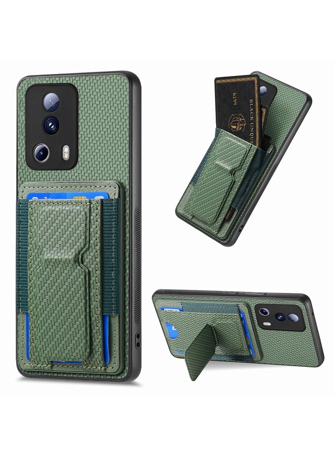 Green Tiger For Xiaomi Redmi Note 12 Turbo Carbon Fiber Fold Stand Elastic Card Bag Phone Case(Green)