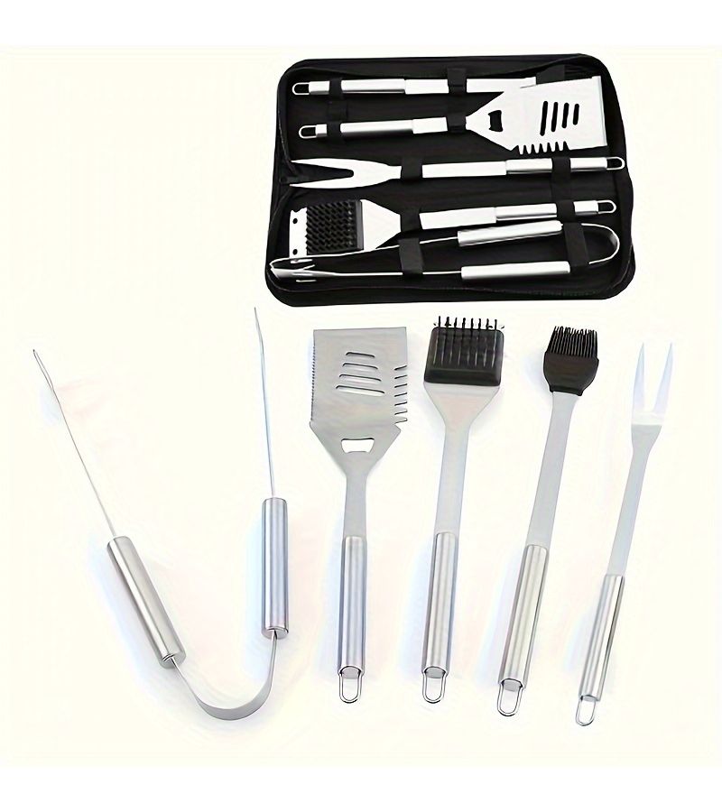 6 Piece Stainless Steel BBQ Grill Tool Set With Storage Bag For Outdoor Camping - Image 1