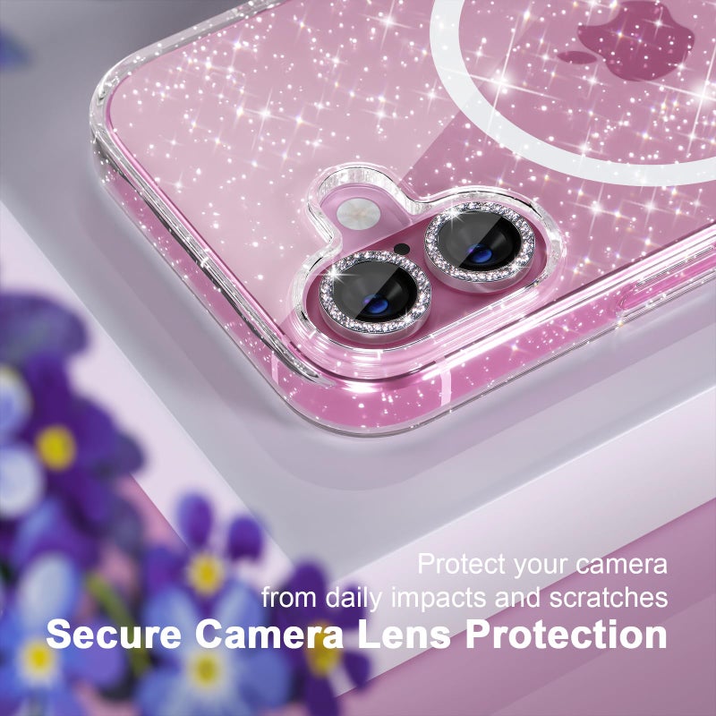 Choiche for iPhone 16 Case Magnetic, Women Clear Glitter Bling Sparkly Case, [2xDiamond Camera Lens Protectors] [2xTempered Glass Screen Protectors] [Compatible MagSafe] 6.1" (Glitter Clear) - Image 3