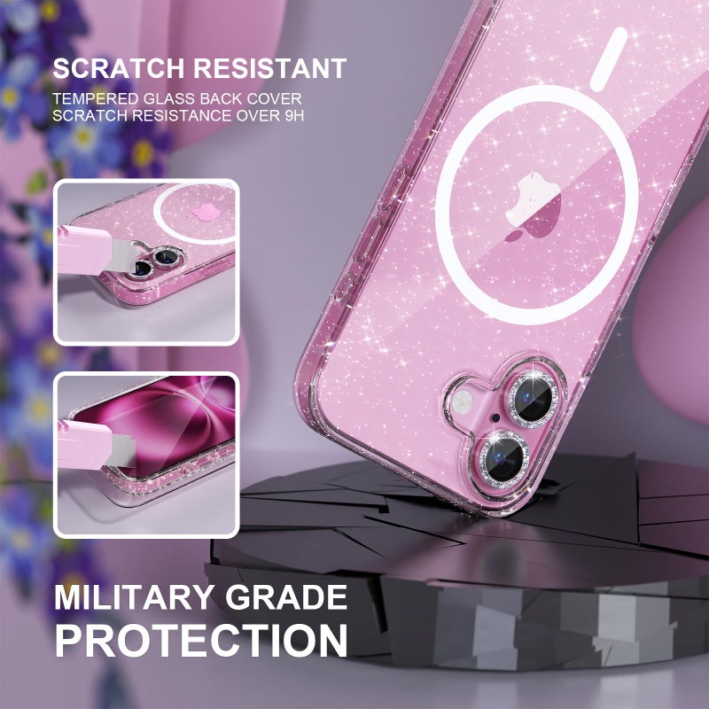 Choiche for iPhone 16 Case Magnetic, Women Clear Glitter Bling Sparkly Case, [2xDiamond Camera Lens Protectors] [2xTempered Glass Screen Protectors] [Compatible MagSafe] 6.1" (Glitter Clear) - Image 5