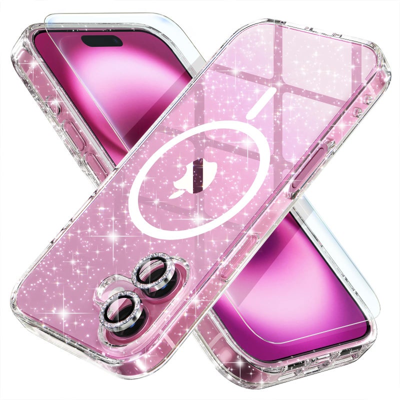 Choiche for iPhone 16 Case Magnetic, Women Clear Glitter Bling Sparkly Case, [2xDiamond Camera Lens Protectors] [2xTempered Glass Screen Protectors] [Compatible MagSafe] 6.1" (Glitter Clear) - Image 1