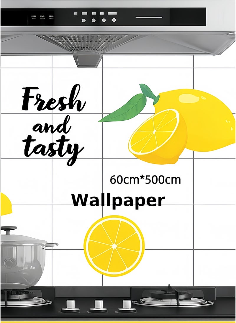 عنيد لفة واحدة من ورق جدران بنمط الليمون، ملصق مقاوم للزيت والماء للمطبخ، ورق جدران مقاوم لدرجات الحرارة العالية، ملصق جداري للمطبخ والحمام (60 × 500 سم) - Image 1