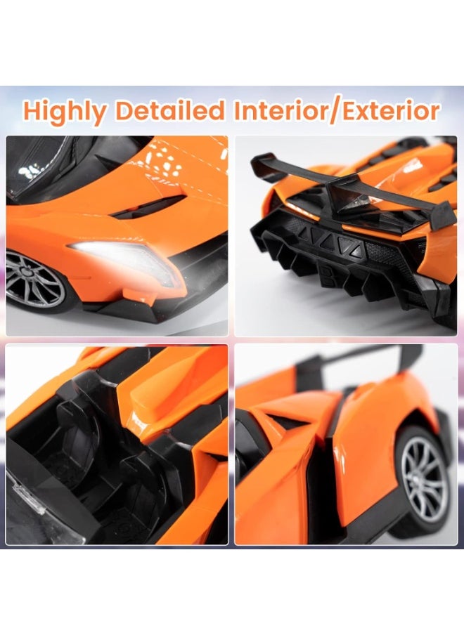 SUPER CAR Style Orange RC Car with Steering Wheel Remote, Headlights & Remote-Controlled Doors – Realistic Racing Toy for Kids with Full 4-Way Drive  - Image 1