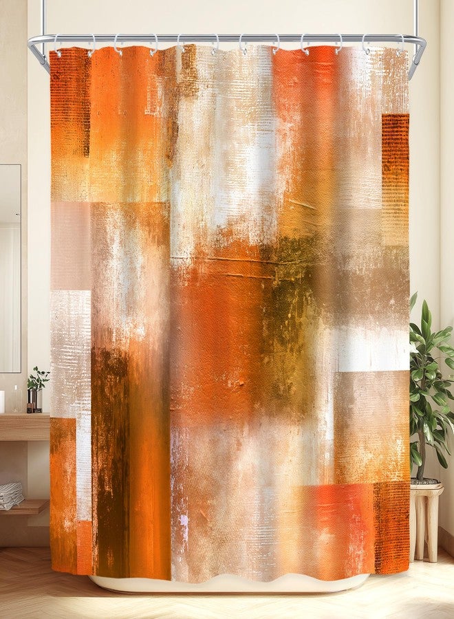 Riyidecor Burnt Orange Abstract Shower Curtain for Bathroom Decor 72Wx72H Modern Rustic Oil Painting Brown Checkered Multicolor Aesthetic Art Printed Fabric Polyester Waterproof 12 Pack Plastic Hooks - Image 1