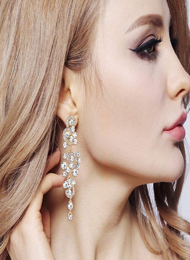 BriLove Wedding Bridal Clip-On Earrings for Women Bohemian Boho Crystal Floral Vine Chandelier Hollow Dangle Jewelry Clear Gold-Toned - Image 2