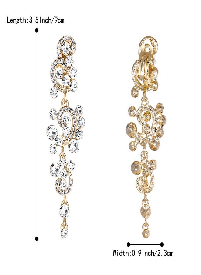 BriLove Wedding Bridal Clip-On Earrings for Women Bohemian Boho Crystal Floral Vine Chandelier Hollow Dangle Jewelry Clear Gold-Toned - Image 4