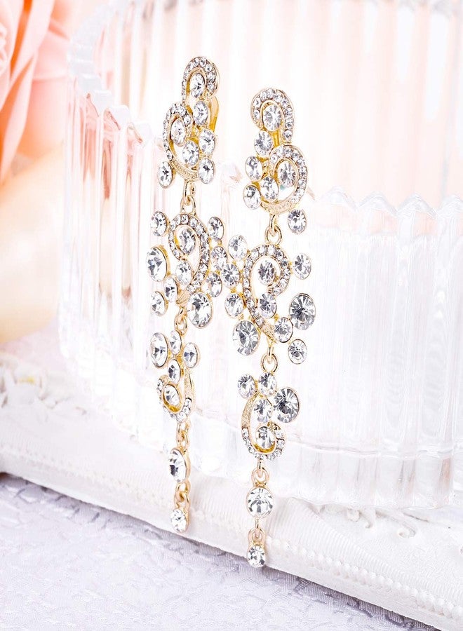 BriLove Wedding Bridal Clip-On Earrings for Women Bohemian Boho Crystal Floral Vine Chandelier Hollow Dangle Jewelry Clear Gold-Toned - Image 3