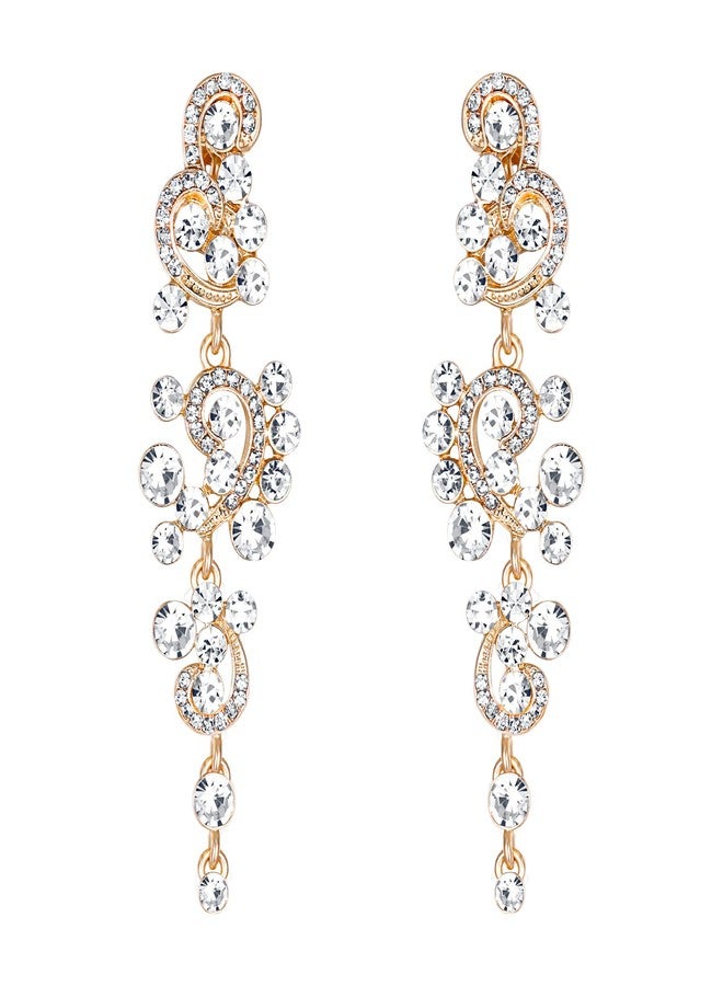 BriLove Wedding Bridal Clip-On Earrings for Women Bohemian Boho Crystal Floral Vine Chandelier Hollow Dangle Jewelry Clear Gold-Toned - Image 1