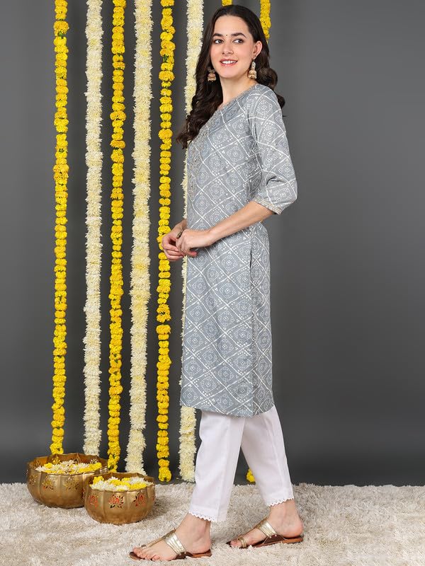 Vaamsi Women's Cotton Blend Bandhani Printed Straight Kurta (VCK9088_Grey_4XL) - Image 4