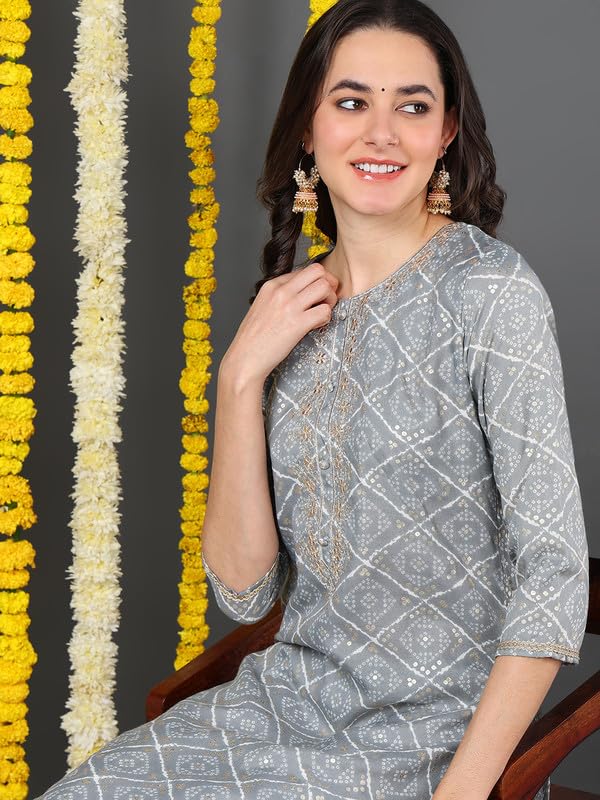 Vaamsi Women's Cotton Blend Bandhani Printed Straight Kurta (VCK9088_Grey_4XL) - Image 3