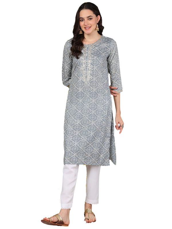 Vaamsi Women's Cotton Blend Bandhani Printed Straight Kurta (VCK9088_Grey_4XL) - Image 1