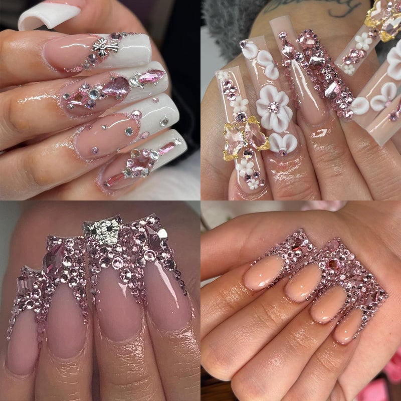 Cycullinyt 1660Pcs Pink Nail Art Rhinestones: 8 Types of Multi Shapes Diamonds + 4 Sizes Flatback DIY Crafts Rhinestone Crystals 3D Glass Stones Set + Tweezer + Pickup Pen - Image 2