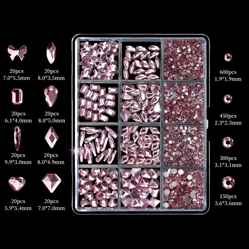 Cycullinyt 1660Pcs Pink Nail Art Rhinestones: 8 Types of Multi Shapes Diamonds + 4 Sizes Flatback DIY Crafts Rhinestone Crystals 3D Glass Stones Set + Tweezer + Pickup Pen - Image 3