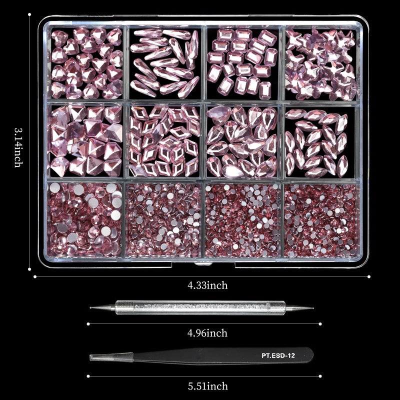 Cycullinyt 1660Pcs Pink Nail Art Rhinestones: 8 Types of Multi Shapes Diamonds + 4 Sizes Flatback DIY Crafts Rhinestone Crystals 3D Glass Stones Set + Tweezer + Pickup Pen - Image 4