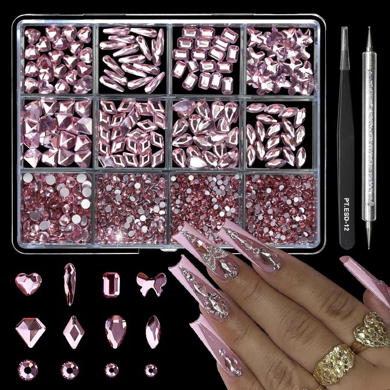Cycullinyt 1660Pcs Pink Nail Art Rhinestones: 8 Types of Multi Shapes Diamonds + 4 Sizes Flatback DIY Crafts Rhinestone Crystals 3D Glass Stones Set + Tweezer + Pickup Pen - Image 1