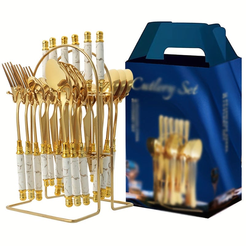 24 Piece Stainless Steel High End Mirror Polished Golden And Dark Green Ceramic Flatware Set With Steak Knives Forks Dinner Spoons Dessert Spoons For Hotel Restaurant Use - Image 1