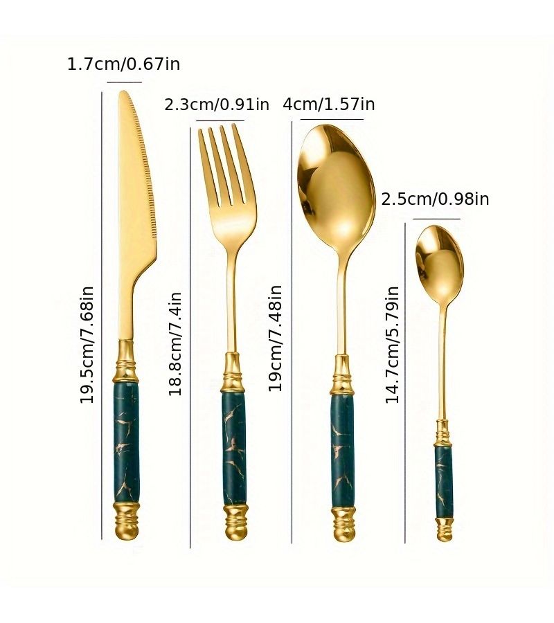 24 Piece Stainless Steel High End Mirror Polished Golden And Dark Green Ceramic Flatware Set With Steak Knives Forks Dinner Spoons Dessert Spoons For Hotel Restaurant Use - Image 3