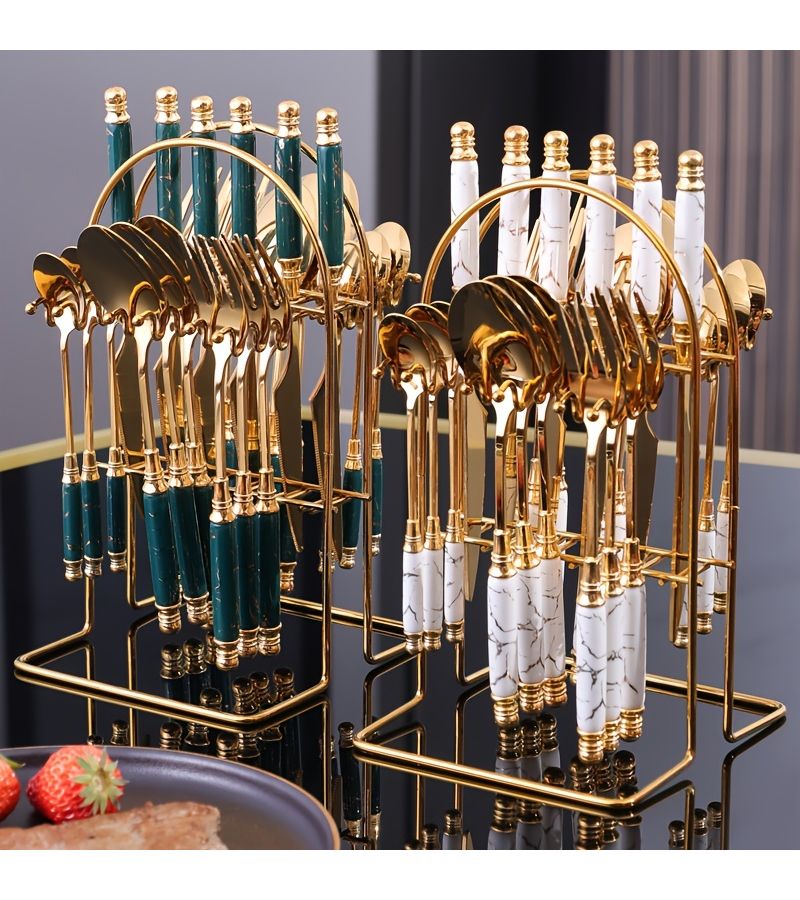 24 Piece Stainless Steel High End Mirror Polished Golden And Dark Green Ceramic Flatware Set With Steak Knives Forks Dinner Spoons Dessert Spoons For Hotel Restaurant Use - Image 2