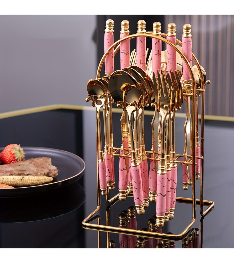 24 Piece Stainless Steel High End Mirror Polished Golden And Dark Green Ceramic Flatware Set With Steak Knives Forks Dinner Spoons Dessert Spoons For Hotel Restaurant Use - Image 5