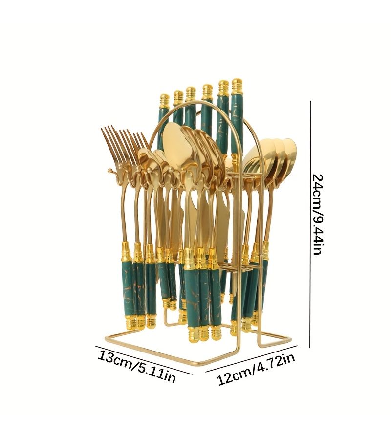 24 Piece Stainless Steel High End Mirror Polished Golden And Dark Green Ceramic Flatware Set With Steak Knives Forks Dinner Spoons Dessert Spoons For Hotel Restaurant Use - Image 4
