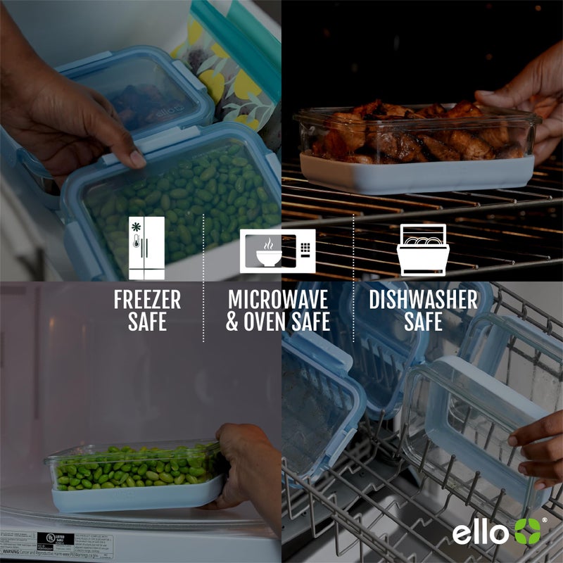 Ello Ello Duraglass Refresh 3.4 Cup Meal Prep Sets 10Pc  5 Pack Set- Glass Food Storage Container with Silicone Boot and Airtight BPA-Free Plastic Lids  Dishwasher  Microwave and Freezer Safe  Halogen Blue  - Image 4