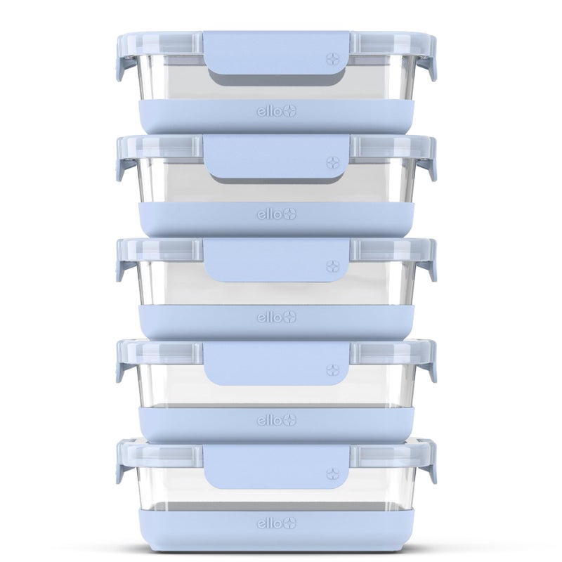 Ello Ello Duraglass Refresh 3.4 Cup Meal Prep Sets 10Pc  5 Pack Set- Glass Food Storage Container with Silicone Boot and Airtight BPA-Free Plastic Lids  Dishwasher  Microwave and Freezer Safe  Halogen Blue  - Image 1
